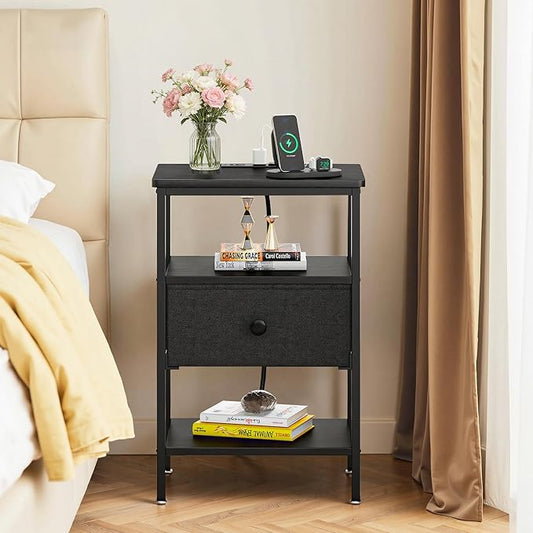 VECELO Night Stand with Charging Station, End Tables with Open Storage Shelf, Bed Side Tables with Fabric Drawers for Bedroom,Living Room,Classic Black