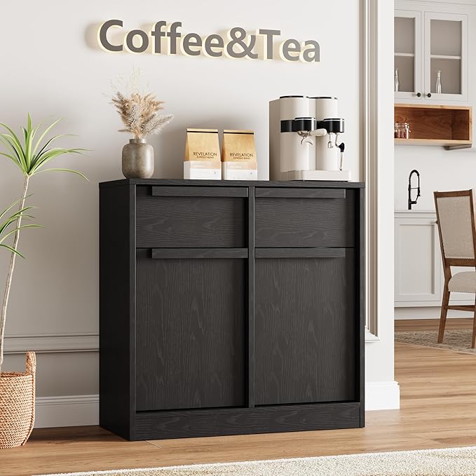 GarveeHome Sideboard Buffet Cabinet with 2 Drawers, 31.5 in Large Coffee Cabinet with Storage, Modern Storage Buffet Table for Kitchen Dining Room, Living Room (Dark, 2 Doors & 2 Drawers)