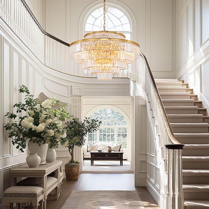 Gold Modern Crystal Chandeliers Large Chandelier 6-Tier Hanging Raindrop Pendant Light Fixture for Dining Room Bedroom Living Room Dia 31 Inch