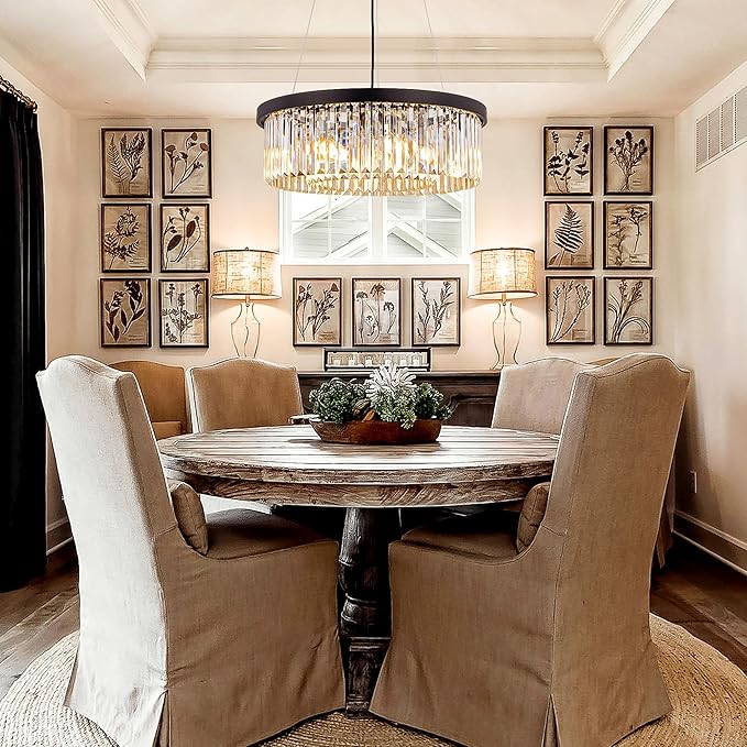 Wellmet Modern Crystal Chandelier for Dining Room, 6 Lights Black Farmhouse Crystal Pendant Light, Vintage Ceiling Lighting Fixture for Kitchen Island, Living Room, Bedroom, Hallway, Foyer, W-21.65”