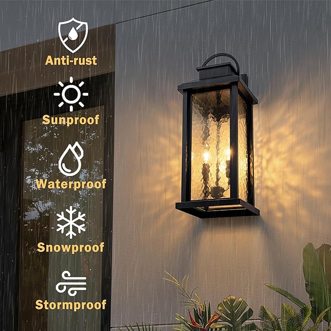 20 Inch Large Outdoor Light Fixture, 2-Light Porch Lights Outdoor Wall Lights with Water Glass, Matte Black Waterproof Exterior Lighting Fixtures Outside Lights for House
