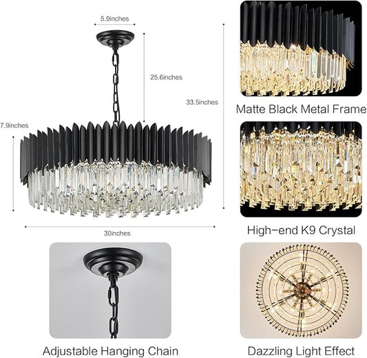 Black Crystal Chandelier 30'' K9 Crystal Round Pendant Lights Adjustable 6-Tier Large Modern Crystal Chandelier Light 12-Lights for Dining Room Living Room Kitchen Foyer Entryway