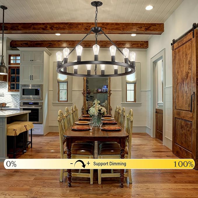 32 inch Black Wagon Wheel Chandelier 15-Light Farmhouse Round Wheel Chandeliers Hanging Light Fixture Outdoor Wagon Wheel Chandelier for Porch for High Ceilings Dining Room