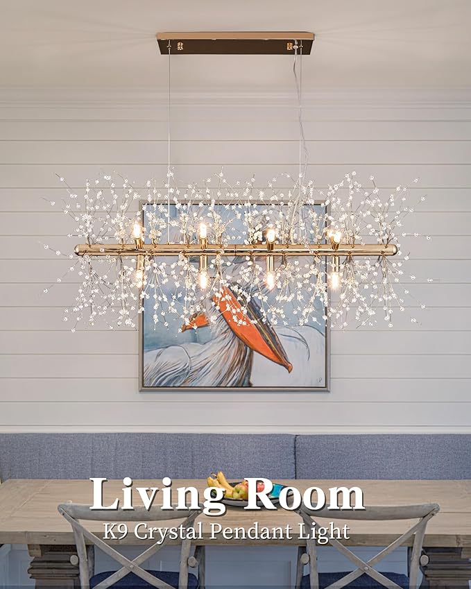 Modern 35.4" Modern Gold Crystal Firework Chandelier, 12-Light Pendant Light Fixture, Rectangle Linear Sputnik Dandelion Chandeliers for Dining Room Kitchen Living Room