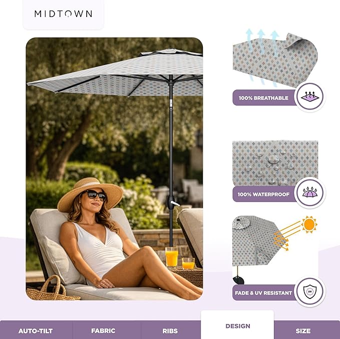 Midtown Umbrellas - The Lean 10 Ft Patio Umbrella with Fade-Resistant Sunbrella Fabric, Auto-Tilt Aluminum Frame and 8 Reinforced Ribs for Deck, Pool & Garden - Infused Gem Canopy, Black Pole