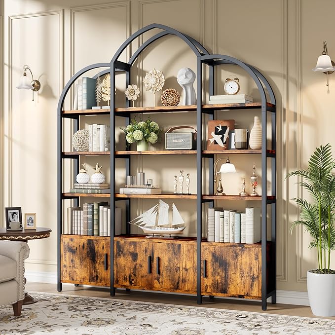 86" Triple Wide Bookshelf and Bookcase with 3 Cabinets, Tall Arched 5 Tier Industrial Etagere Open Bookshelves, Wood Book Shelf for Bedroom Living Room (Vintage Brown)