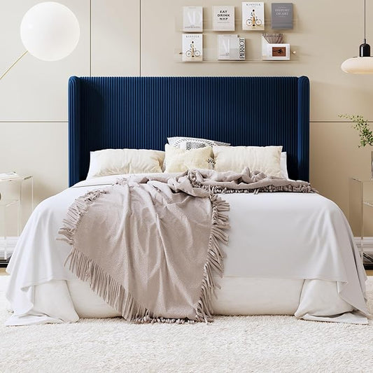 SHA CERLIN Full Size Corduroy Upholstered Platform Bed Frame with Vertical Channel Tufted Wingback Headboard, 8" Under Bed Storage, Wooden Slats & Metal Frame Support, Easy Assembly, Dark Blue
