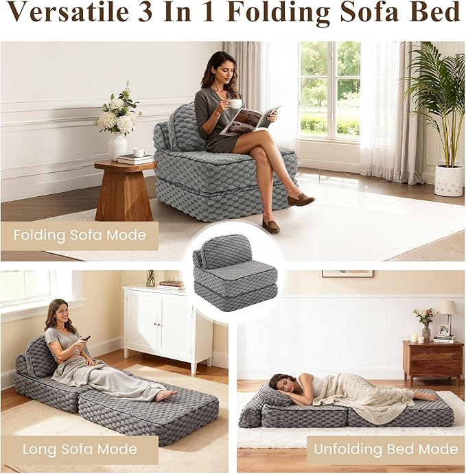 MALOL Folding Sofa Bed, 3-in-1 Convertible Sleeper Chairs with Pillow,Back Support, Fuzzy Fabric Floor Couch Bed for Adults, Boneless Couches Living Room, Bedroom, Apartment, Grey