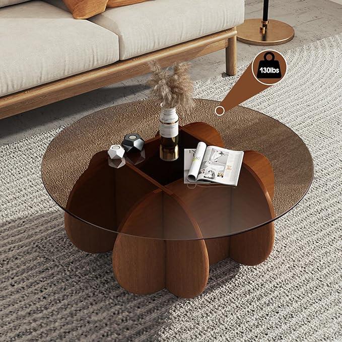 Modern Round Coffee Table with Solid Wood Legs,31.5'' Glass Coffee Tables for Living Room Rustic Circle Center Cocktail Table with Tempered Glass-Top,for Small Spaces, Unique | Modern, Living Room, Rustic, Center, Unique, Small Spaces