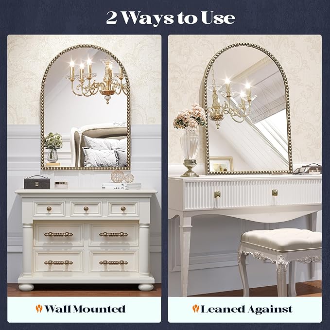 Beaded Mirror Gold Arched, 24"x36" Champagne Bronze Mirror for Bathroom, Antique Brass Beaded Mirrors with Metal Frame- Arch Vanity Wall Mirrors for Bedroom,Fireplace,Over Sink,Entryway