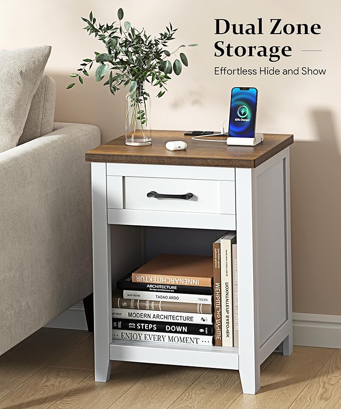 Farmhouse Nightstand with Charging Station & Large Storage, Modern End Tables with Outlets, USB Ports and Type-C Ports, Easy Assembly for Bedroom (Pure White + Walnut)