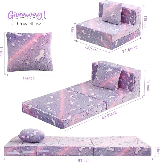 MeMoreCool Foldable Futon Chair Bed for Kids, Glow Tri-Fold Sofa Bed Convertible Toddler Sofa Mattress, Foam Floor Couch for Sitting, Purple
