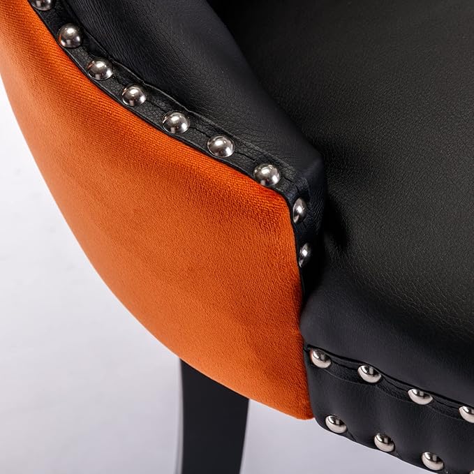 PU and Velvet Upholstered Dining Chair with Wood Legs,Tall Back Side Chair W/Nailhead Trim 2-Pcs Set,for Living Room,Apartment,Black+Orange