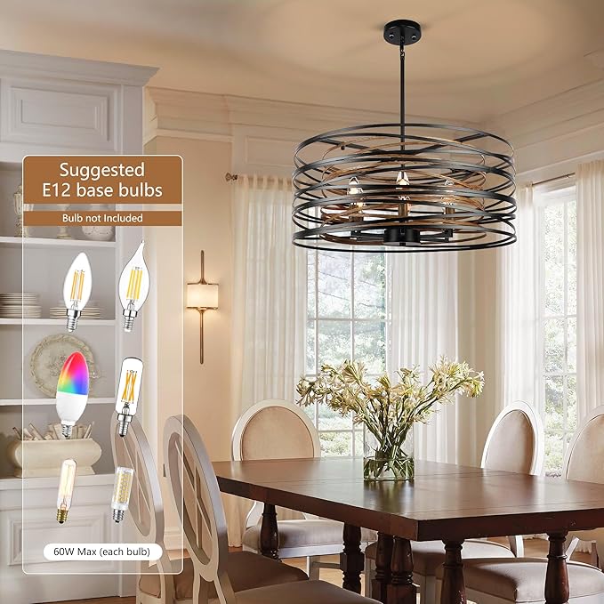 6-Light Dining Room Chandeliers Farmhouse，23.6" Large Black Farmhouse Chandelier，Wood Grain and Vintage Black Dining Room Light Fixture for Kitchen Entryway Living Room