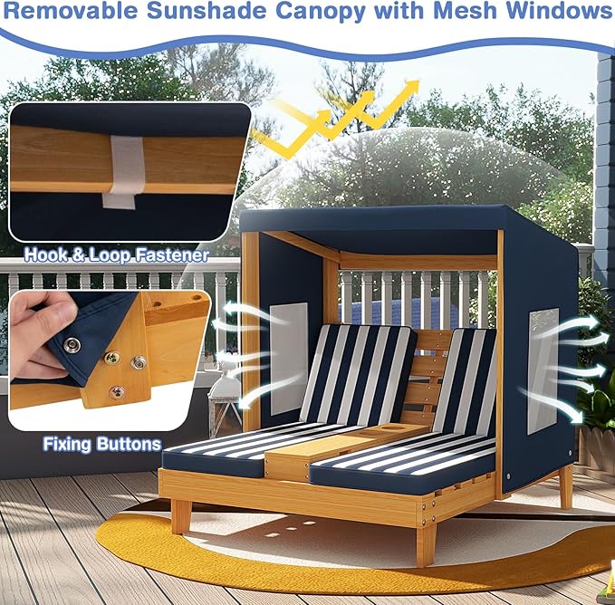 Costzon Kids Lounge Chair Outdoor, Wood Double Seat Chaise Lounge with Canopy, Cup Holders, Cushion, Backrest Recliner, Kids Patio Furniture, Gift for Boys Girls 3-8 Years Old