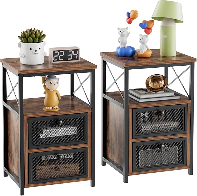 VECELO End Side Table, Modern Night Stand with Storage Space and Door, Set of 2 Nightstands for Living Room,Bedroom,Lounge,Antique Brown