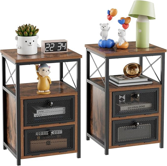 VECELO End Side Table, Modern Night Stand with Storage Space and Door, Set of 2 Nightstands for Living Room,Bedroom,Lounge,Antique Brown