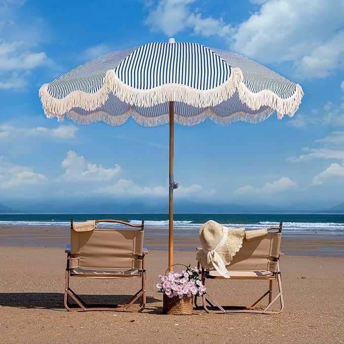 6.5ft Boho Beach Umbrella with Fringe, UPF 50+ Tassel Umbrellas with Carry Bag, Premium Wood Pole Foldable Patio Umbrella for Outdoor Holiday Garden Lawn Pool Yard Table