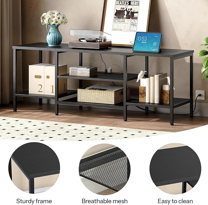 HOOBRO TV Stand with Power Outlets to 65 Inches, TV Console Table with Open Storage Shelves, Industrial Media Entertainment Center for Living Room Bedroom, Black BB40DS01