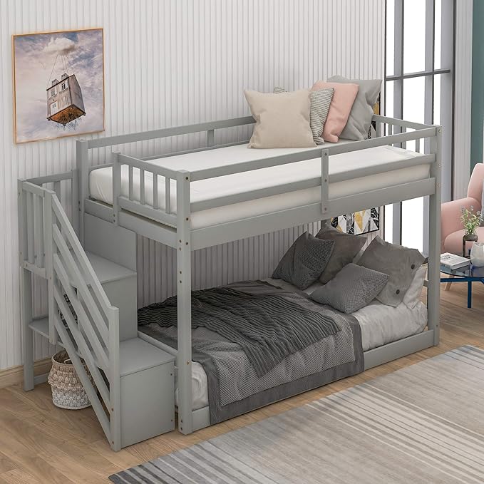 Twin Over Twin Bunk Bed with Ladder and for Storage Staircase for Teens, Boys or Girls, No Box Sping Needed