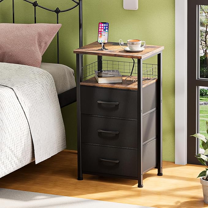 Night Stand Set 2 with Charging Station, End Table Set of 2 with 20 Colors LED Light Strip, 3 Fabric Drawers, Bedside Table with USB Ports and Outlets for Bedroom (Rustic Brown)