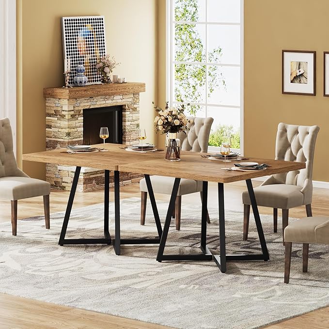 Tribesigns Square Dining Table, 31.5" Modern Dinner Table with Metal Base, Kitchen Table for Dining Room, Small Space, Apartment, Natural & Black (2pcs)