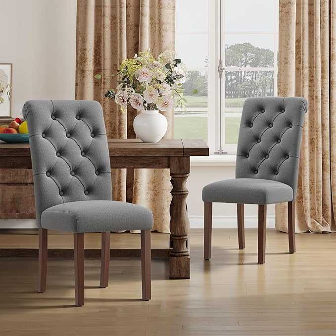 Upholstered Tufted Dining Room Chairs Set of 6, Parsons Kitchen Chairs with Padded Seat and Solid Wood Legs, Fabric Accent Side Diner Chair for Dining Room/Kitchen/Living Room, Grey