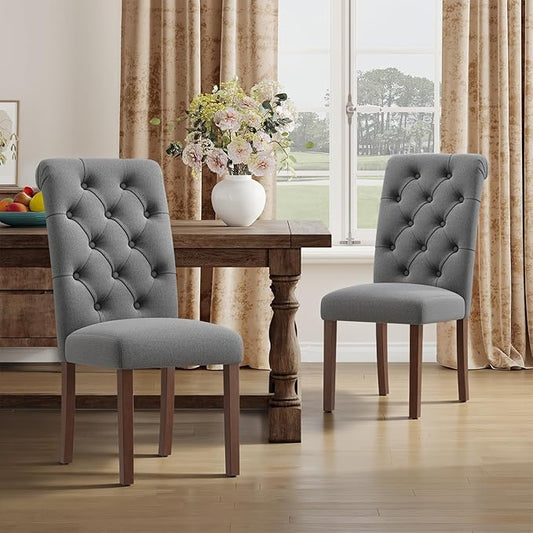 Upholstered Tufted Dining Room Chairs Set of 2, Parsons Kitchen Chairs with Padded Seat and Solid Wood Legs, Fabric Accent Side Diner Chair for Dining Room/Kitchen/Living Room, Grey