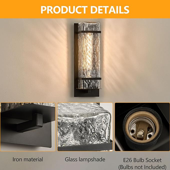Black Outdoor Wall Light, 13.4in Exterior Waterproof Lanterns,Porch Sconces Wall Mounted Lighting with E26 Sockets & Textured Glass Shades, for Garage,Doorway,Patio,Front Door