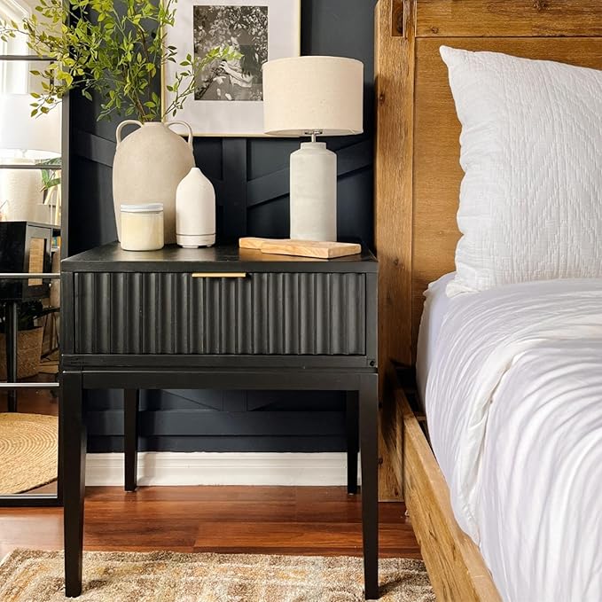 Nathan James Jasper Boho Side Table, Solid Wood Bedroom Nightstand or Bedside Table with Drawer with Fluted Doors and Brass Handles, Black, Set of 2