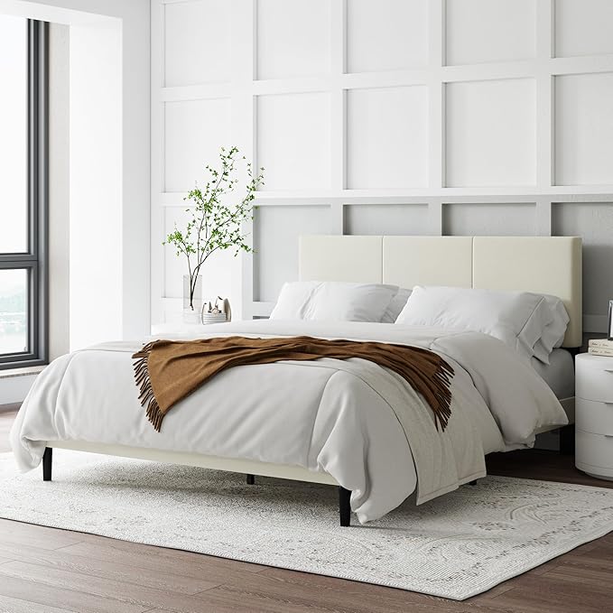 Queen Size Bed Frame with Upholstered Headboard, Sturdy Wood Slats, No Box Spring Required, Silent, Easy Assembly, Beige