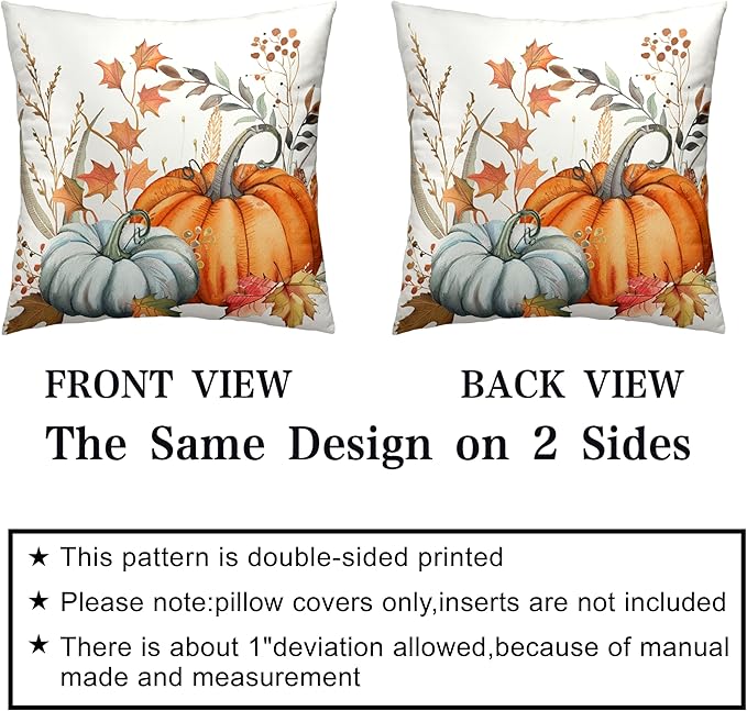 Orange Blue Pumpkin Pillow Covers Fall Maple Leaves Throw Pillow Covers Autumn Thanksgiving Decorative Cushion Case 18x18 for Farmhouse Living Room Couch Patio Set of 2