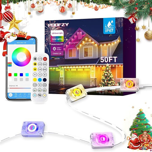 POOFZY Permanent Outdoor Lights for House,49ft RGB+IC Smart Outdoor Decor, 50 Scene Modes,App/Remote Control,IP67 Waterproof,for Christmas,Halloween,Daily & Holiday Party Decor,House Roof Lighting