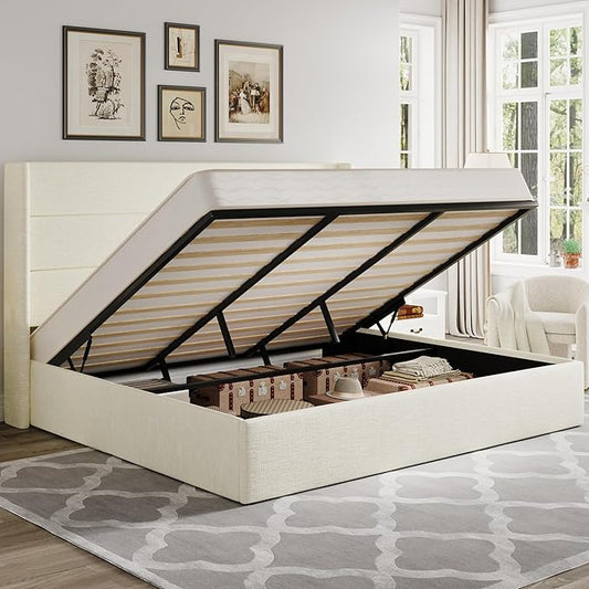 Allewie King Size Lift Up Storage Bed, Chenille Fabric Upholstered, Modern Wingback Headboard, Hydraulic Support, No Box Spring Needed, Cream White