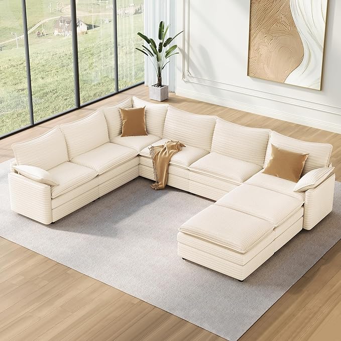 Vesgantti Large Modular Sectional Sofa, Big Comfy Cloud Couch with Ottoman Deep Seat Corduroy Cloud Sofa, 8 Seater Large Sectional Couches for Living Room, Bedroom and Apartment, Beige | Sink-in Comfort, Height Adjustable, Easy Rearrangement, Extra-dee...