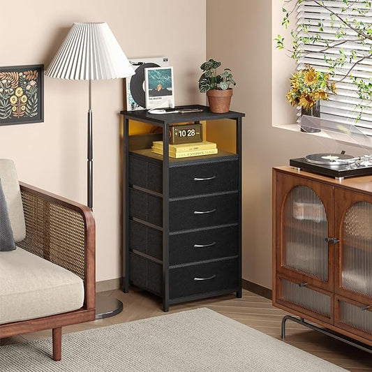 Fixwal Night Stand with Charging Station, Tall Nightstand with U-S-B Ports and Outlets, 4 Fabric Storage Drawers with PU Finish, Small Dresser Bed Side Table, Black