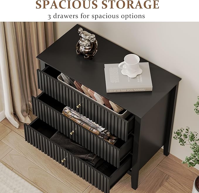 Large Black Fluted 3-Section, Modern 30 Inch Tall Wood Side Unit with Ball Bearing Slides, Wide Accent Furniture with Spacious Compartments for Living Room Entryway