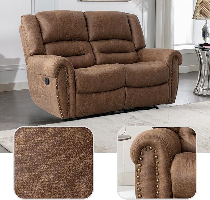 EBELLO Faux Leather Manual Loveseat Recliner, 2 Seat Reclining Sofa Chair with Soft Padded Seat Backrest, Couch Sofa Set for Living Room, Bedroom Furniture, Meeting Room, Brown (Loveseat)