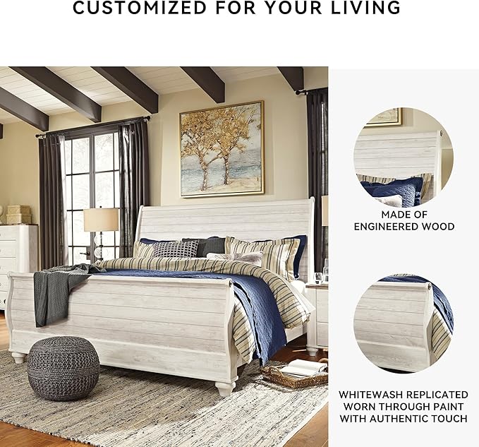 Signature Design by Ashley Willowton Coastal Sleigh Bed, Foundation or Box Spring Needed, King, Beige