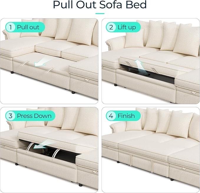LINSY HOME Oversized Sectional Sleeper Sofa with Pull Out Couch Bed (Beige, 118.5'') | USB Charging, Pillow-style Armrest, Multiple Cushions, Storage Chaise, Corduroy Fabric
