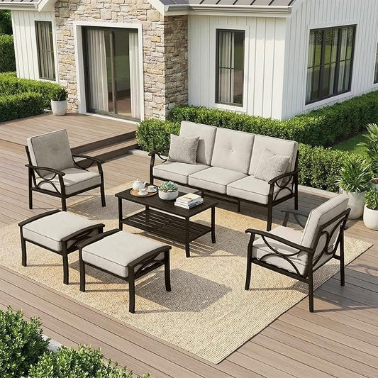 Outdoor Patio Furniture Set, 7 Seats Outdoor Patio Set with 4" Thick Cushion, All-Weather Metal Patio Sofa with Coffee Table, Outdoor Sectional Furniture for Porch Backyard Deck Yard, Black&Beige