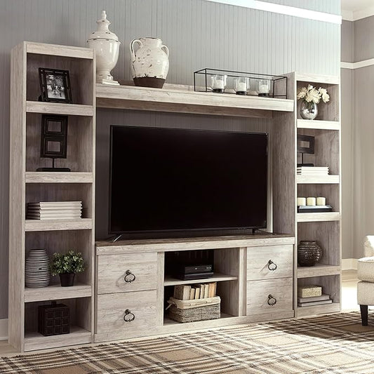 Signature Design by Ashley Willowton Farmhouse 4-Piece Entertainment Center for TVs up to 69" with Adjustable Shelves, Whitewash