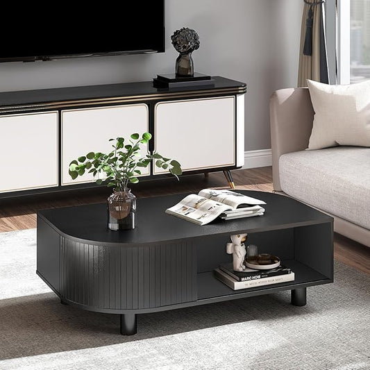 Modern 39.4" Coffee Table with Storage- Leaf-Shaped Wood Center Table with Storage, Retro Fluted Central Table with Sliding Door for Living Room, Office, Black