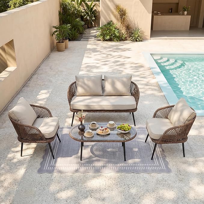 Tribesigns 4-Piece Outdoor Patio Furniture Set, Rattan Wicker Conversation Furniture Set with Removable Cushions and Glass Coffee Table for Garden, Pool, Porch, Balcony (Brown)
