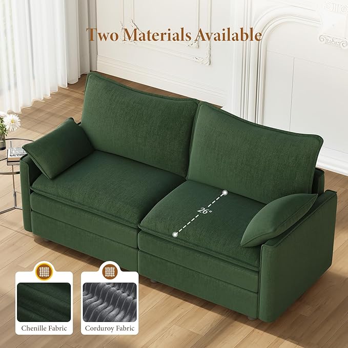 Vesgantti 74" Loveseat Sofa for Living Room, Comfy Cloud Couch Deep Seat Chenille Modern 2 Seater Small Sofa with Armrest Pillow, Easy Assembly for Small Spaces, Green | Sink-in Comfort, Height Adjustable, Easy Rearrangement, Extra-deep Ottoman, Solid ...