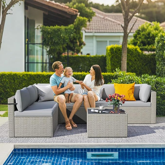 7-Piece Outdoor Sectional Sofa Set, Weather-Resistant Patio Furniture Set with Washable Cushions and Coffee Table, Grey Rattan Patio Conversation Set for Poolside, Backyard, Deck (Grey)