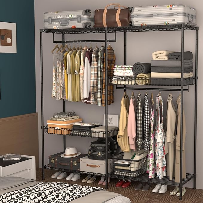 70 inch Heavy Duty Portable Closet Rack with Baskets, Steel Armoire Closet System, Clothing Organizer for Bedroom