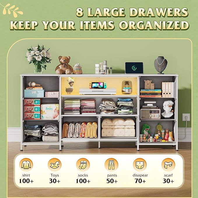 WLIVE TV Stand Dresser for 65,70 inch TV, Entertainment Center with LED Lights & 8 Long Fabric Drawers, Dresser TV Stand for Bedroom and Living Room, White