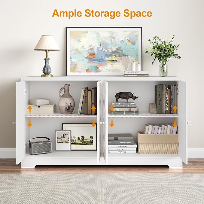 RoyalCraft 56'' Modern Kitchen Buffet Table with 4 Doors and Adjustable Shelves, Sideboard Buffet Cabinet with Storage, Wood Credenza Accent Coffee Bar Cabinet for Entryway, Living Room, Satin White