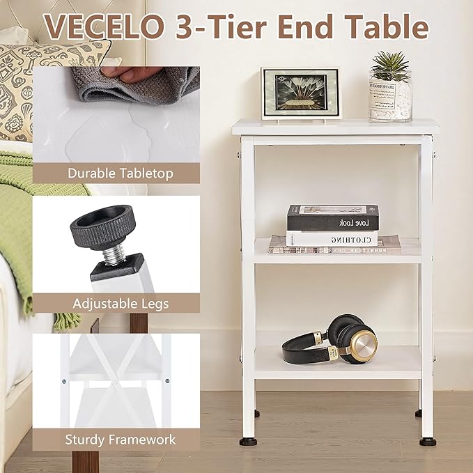 VECELO End Table, 24" Tall Wood Living Room X-Design Reinforced Side Tables, Nightstands with 3-Tier Wood Storage Shelves for Small Spaces, Office, Bathroom, Bedroom, Pearl White, 2 Pack